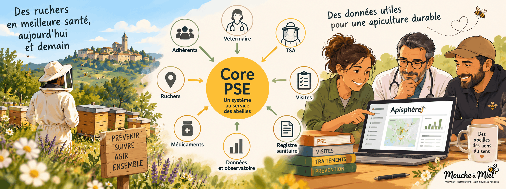 Illustration du Core PSE reliant adhérents, vétérinaire, TSA, ruchers, visites, médicaments, registre sanitaire et données au sein d’Apisphère.