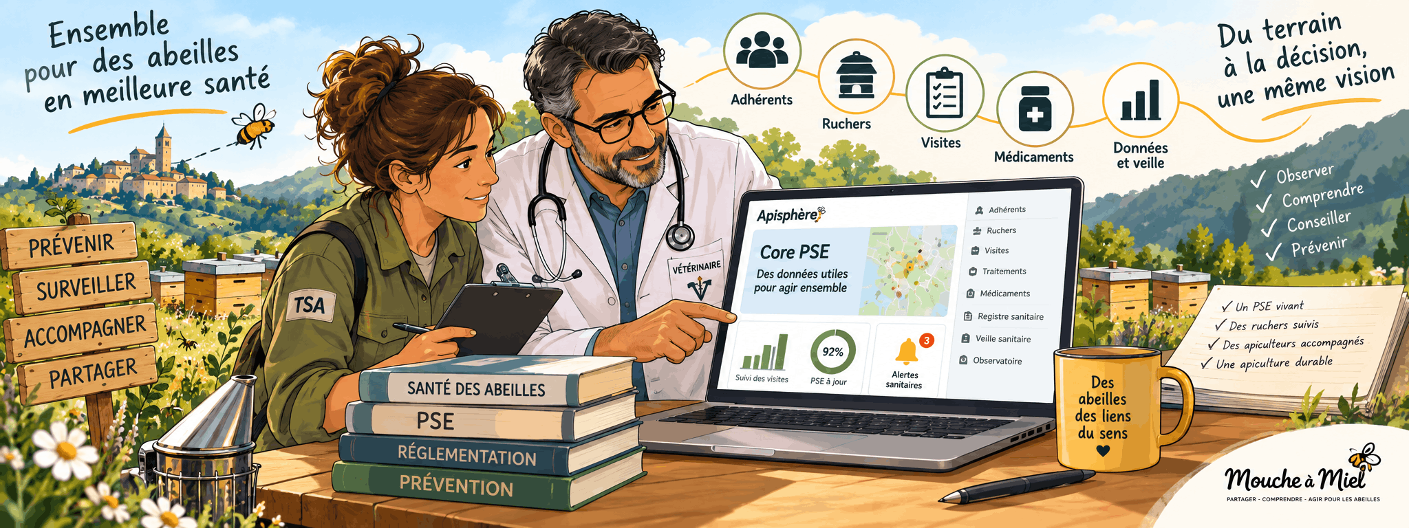 Vétérinaire et TSA utilisant le Core PSE dans Apisphère pour suivre les adhérents, ruchers, visites, médicaments, données et alertes sanitaires.