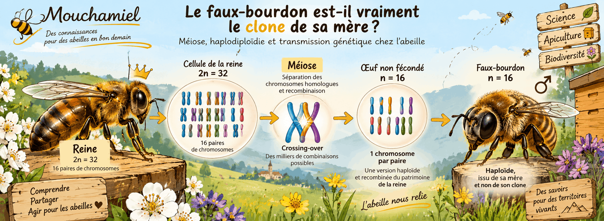 Illustration panoramique montrant une reine abeille à 32 chromosomes, la méiose avec recombinaison, puis un œuf non fécondé et un faux-bourdon haploïde à 16 chromosomes.