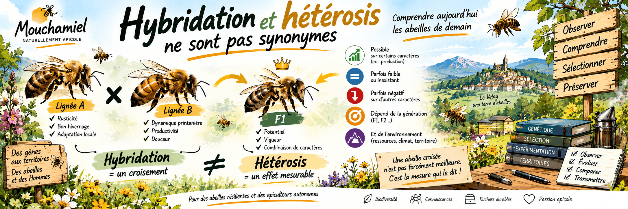 Illustration panoramique comparant deux lignées d’abeilles croisées et une génération F1, pour montrer que l’hybridation est un croisement tandis que l’hétérosis est un effet mesurable.
