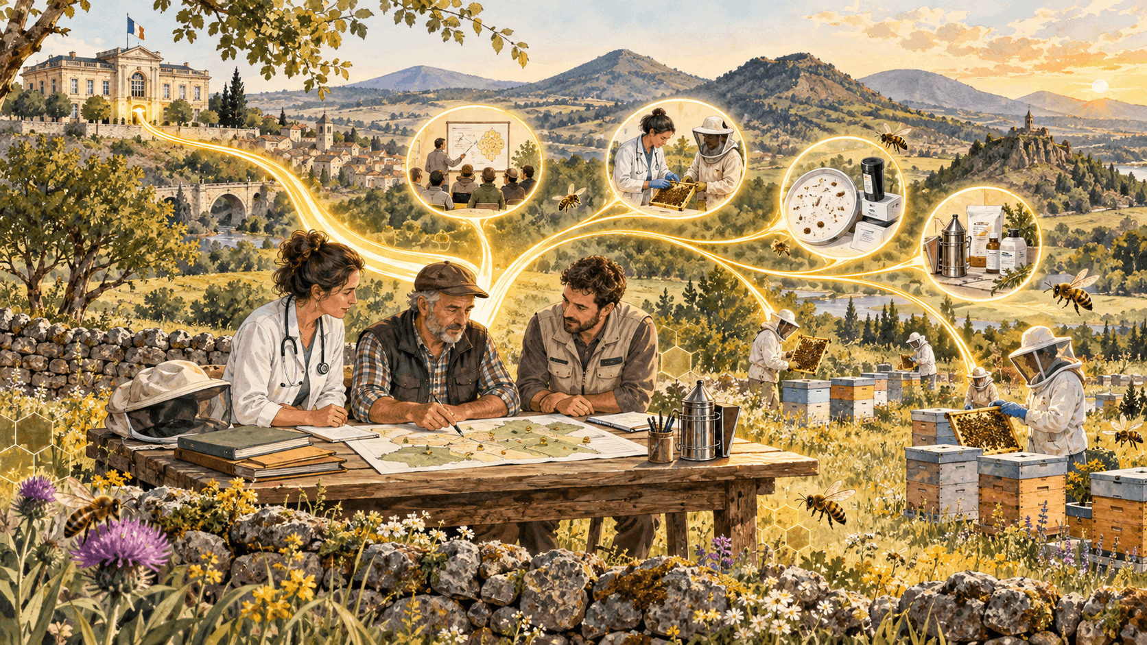 Dans un paysage rural inspiré de la Haute-Loire, le président d’un GDSA travaille autour d’une carte avec une vétérinaire-conseil et un technicien sanitaire apicole. Un chemin lumineux relie les institutions publiques aux formations, aux analyses sanitaires, aux médicaments vétérinaires et aux ruchers. L’illustration symbolise la transformation des financements publics en services concrets au bénéfice des apiculteurs et de la santé des colonies.