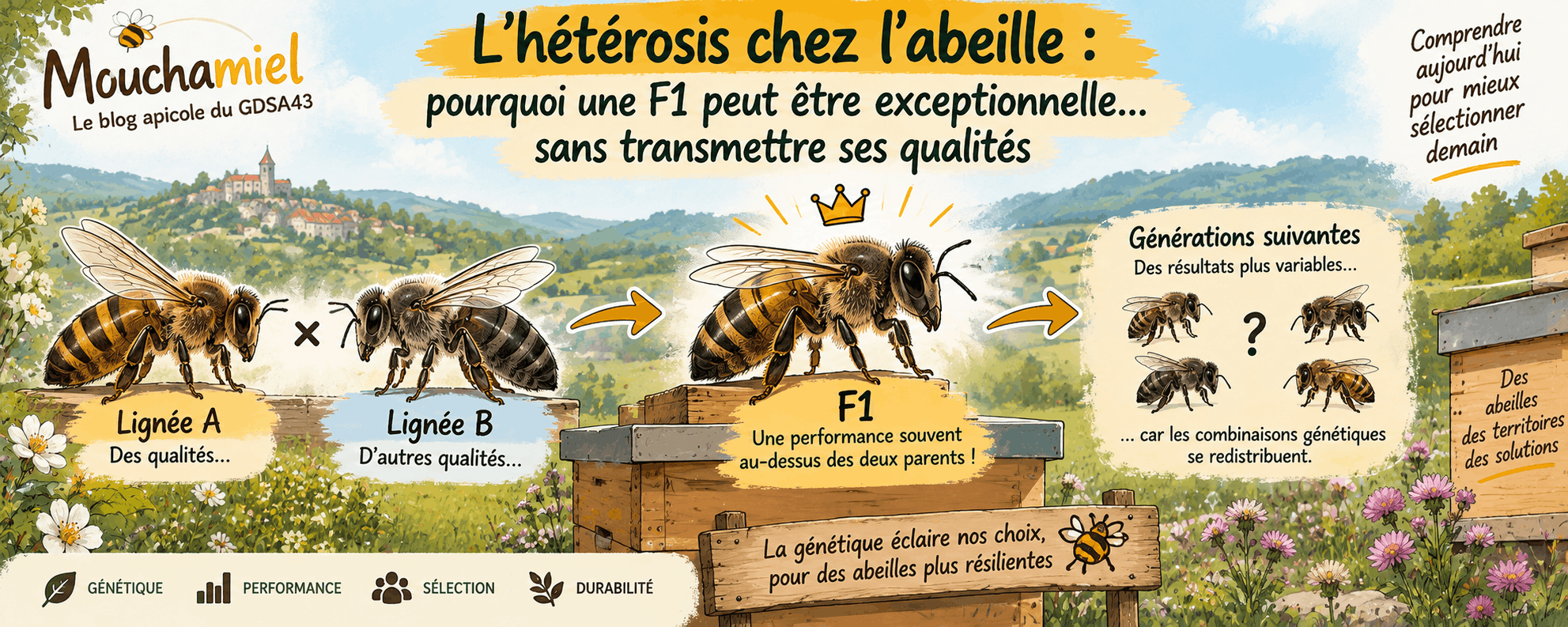 Illustration panoramique sur l’hétérosis chez l’abeille montrant le croisement de deux lignées donnant une F1 très performante, puis une descendance plus variable aux générations suivantes.