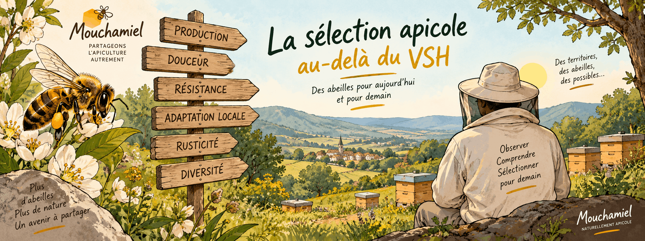 Abeille et apiculteur dans un paysage de rucher, avec des panneaux évoquant les critères de sélection au-delà du VSH.