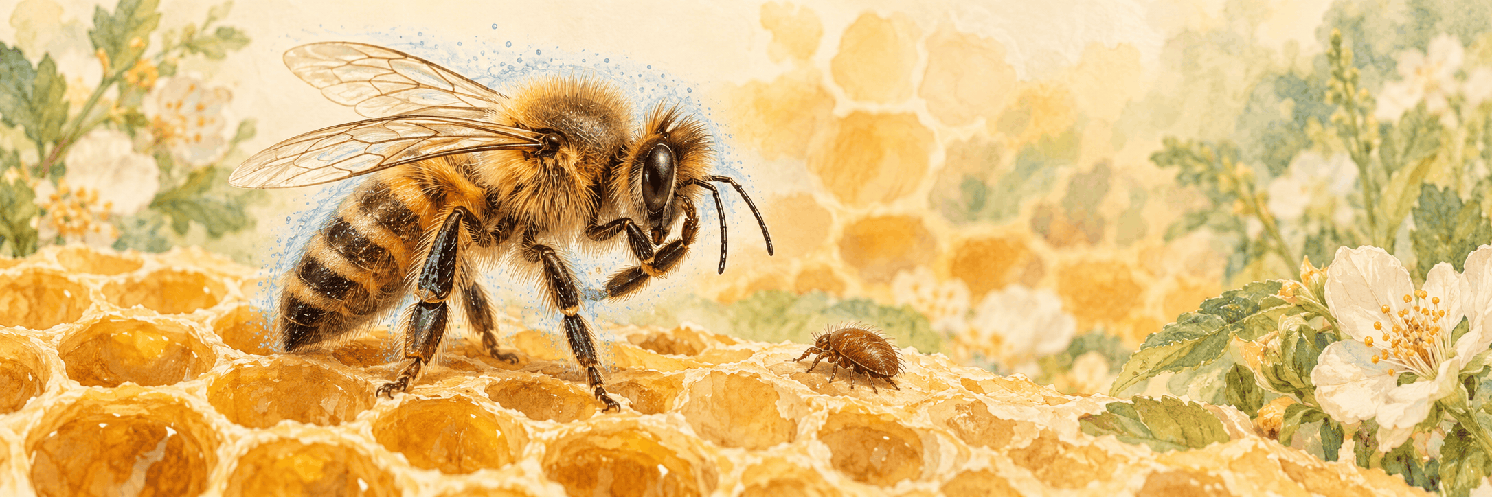 Illustration d’une abeille faisant sa toilette sur un rayon de cire, avec un varroa à proximité et de fines touches bleues évoquant sa protection extérieure.