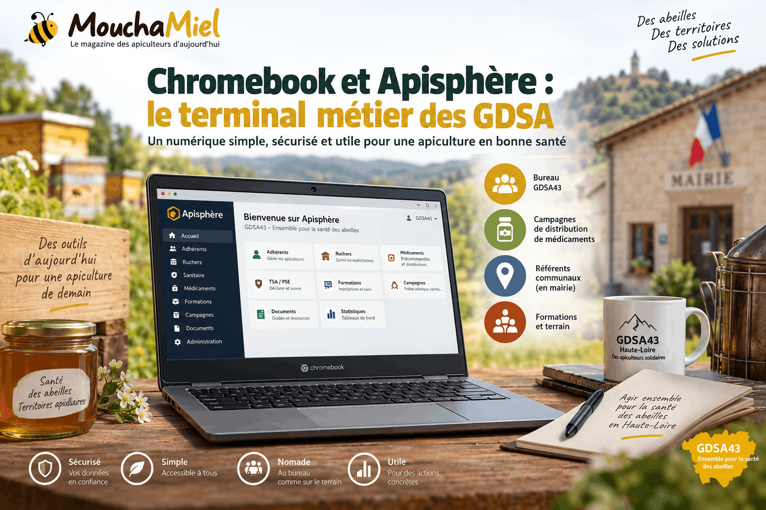 Chromebook affichant Apisphère devant un rucher et une mairie, illustrant la gestion numérique des GDSA, des campagnes sanitaires et des référents communaux.