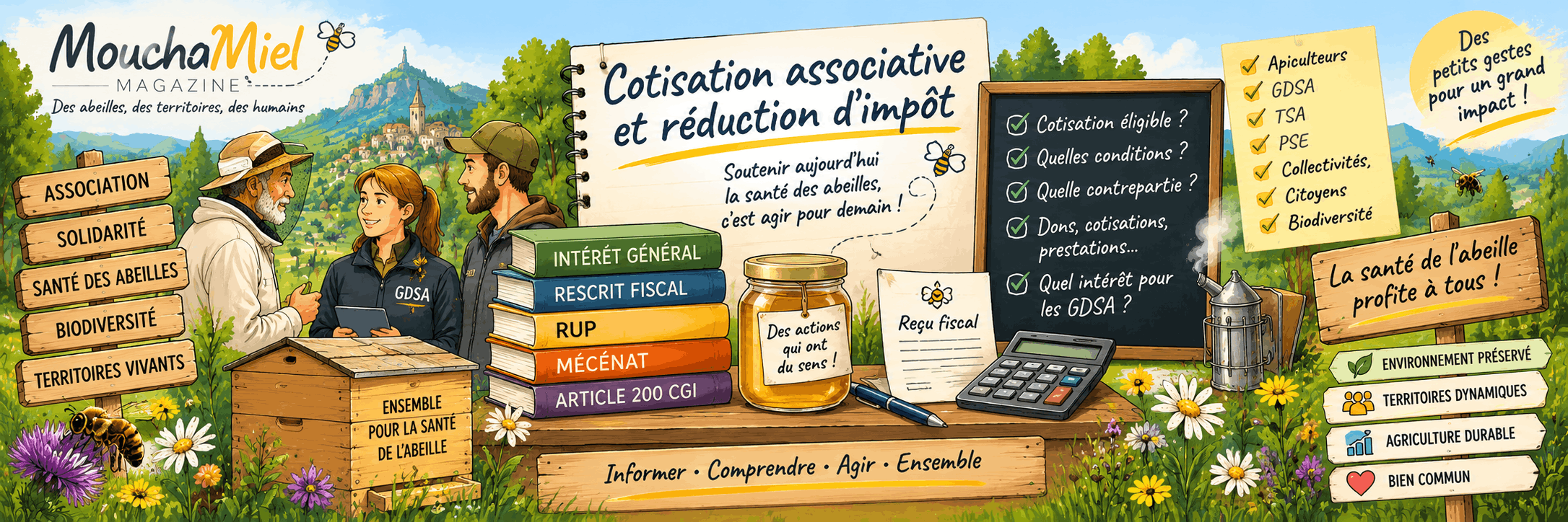 Illustration panoramique sur les cotisations associatives et la réduction d’impôt dans les GDSA, avec les notions d’intérêt général, rescrit fiscal, RUP, mécénat et article 200 du CGI.