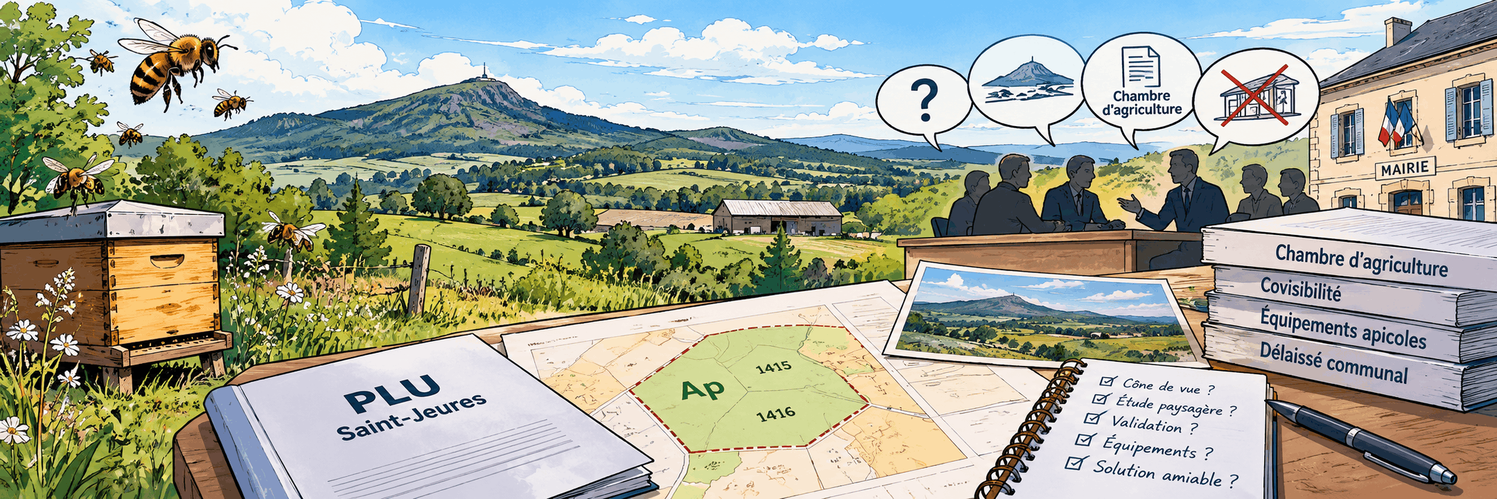 Illustration panoramique du secteur de Salcrupt à Saint-Jeures montrant ruches, paysage agricole, mairie et documents du PLU relatifs au classement en zone Ap et à la covisibilité avec le Lizieux.