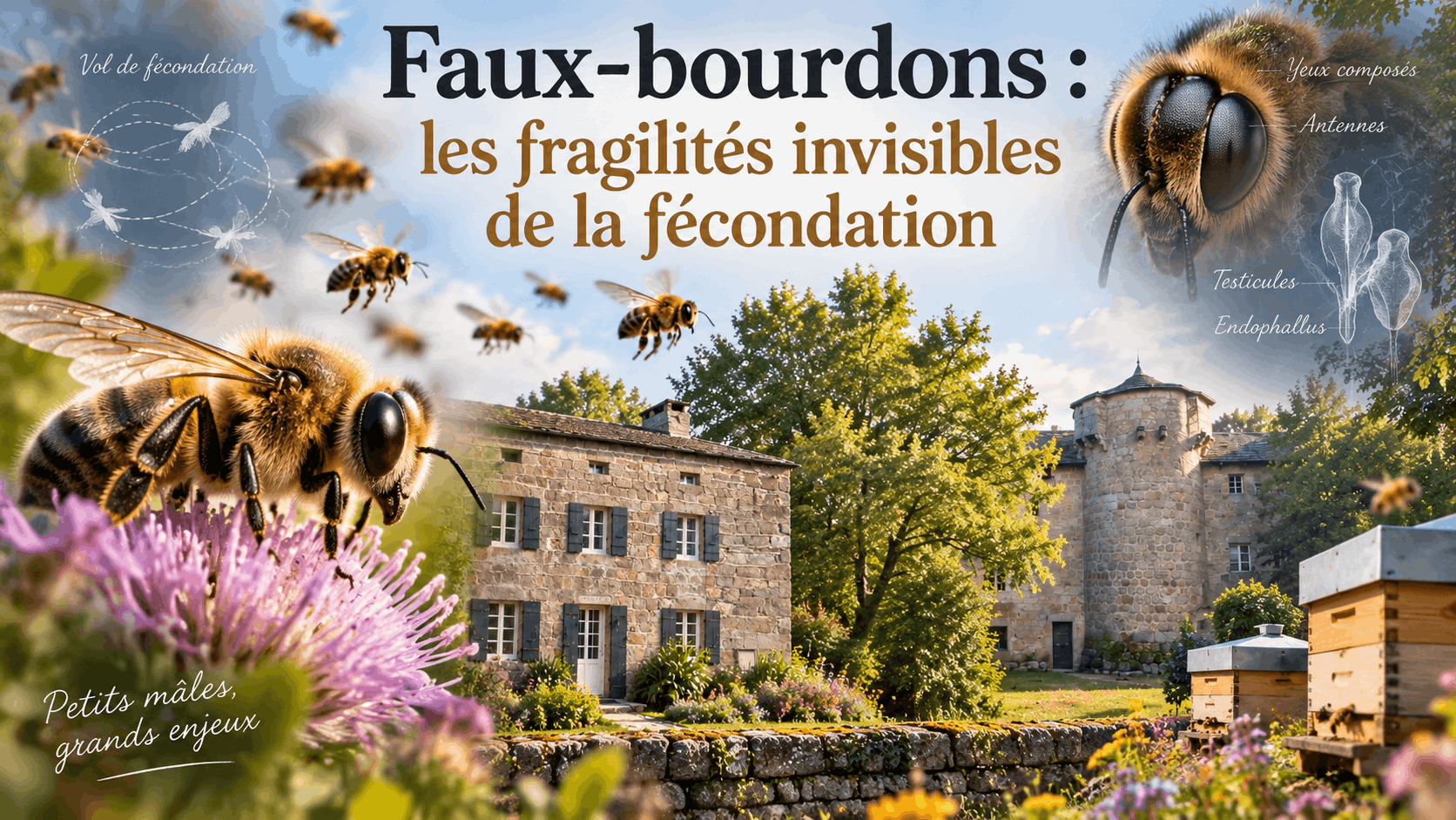 Faux-bourdon et vol de fécondation illustrant les facteurs qui influencent la fertilité des mâles et la fécondation de la reine.