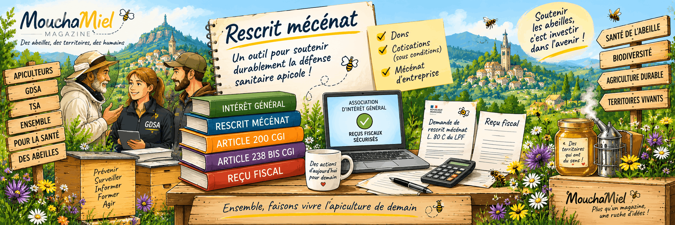 Illustration panoramique sur le rescrit mécénat appliqué aux GDSA, avec apiculteurs, ruches, reçu fiscal, dons, cotisations, mécénat d’entreprise et références aux articles 200 et 238 bis du CGI.