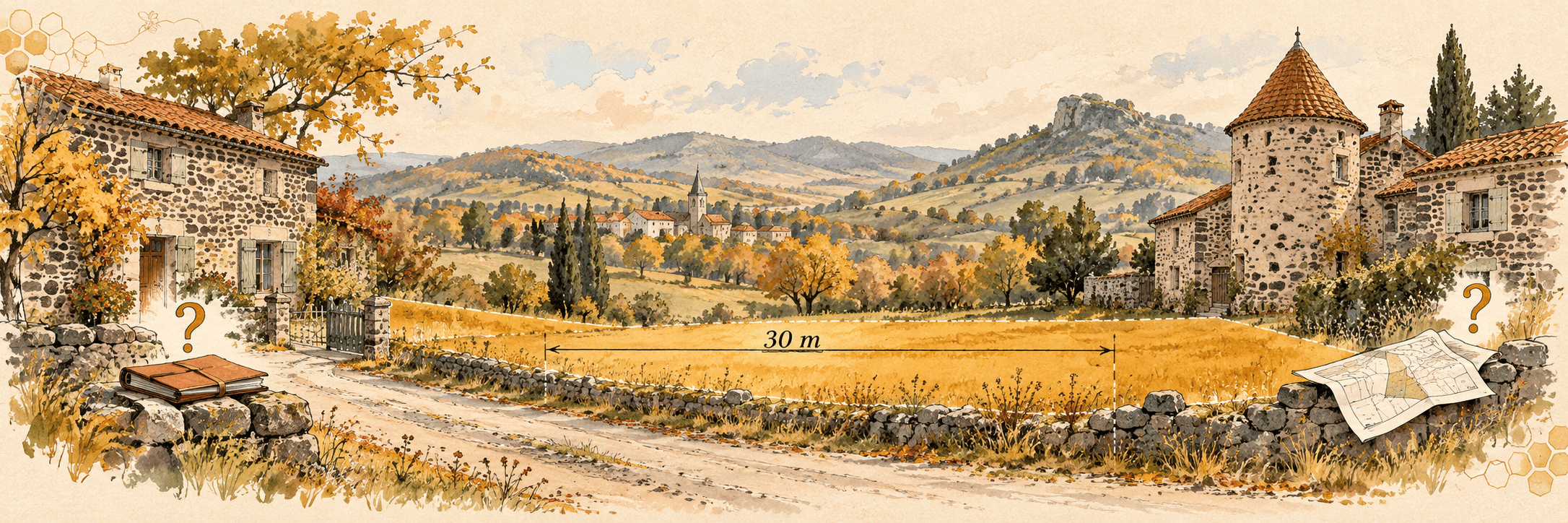 Illustration de deux maisons en pierre reliées par une bande de terrain ocre, avec une indication de trente mètres et des points d’interrogation près de dossiers fonciers.