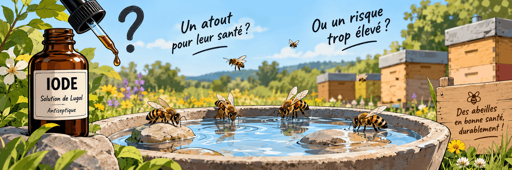 Illustration d’abeilles buvant dans un abreuvoir près d’un flacon d’iode de Lugol, évoquant les bénéfices et les risques de l’iode en apiculture.