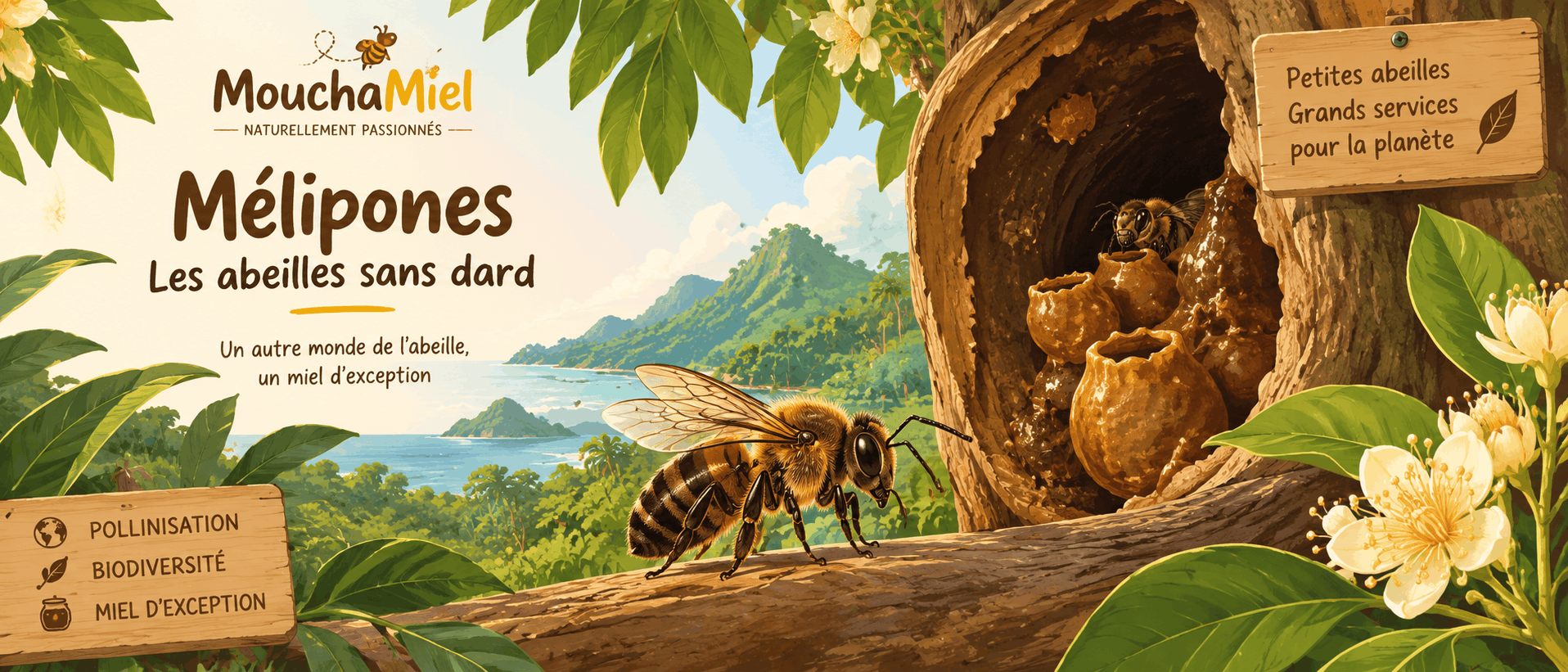 Mélipones, abeilles sans dard, près de leur nid et de leurs pots de miel au cœur d’une végétation tropicale.