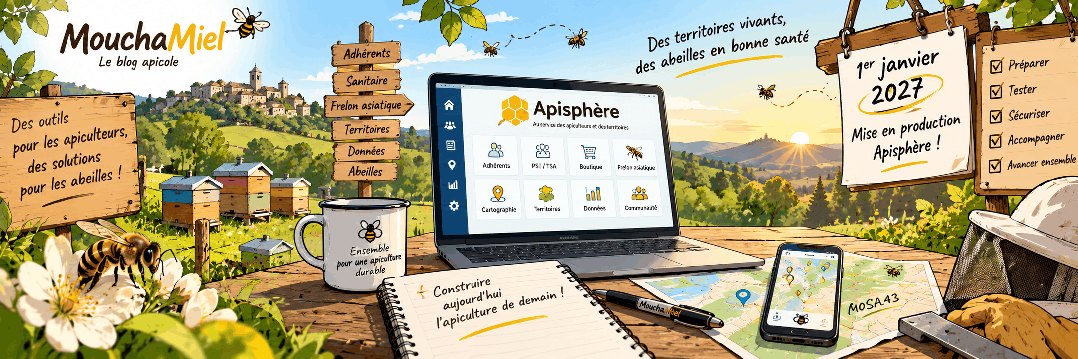 Illustration panoramique d’Apisphère au cœur d’un rucher, reliant adhérents, PSE, TSA, frelon asiatique, cartographie et données avant sa mise en production le 1er janvier 2027.