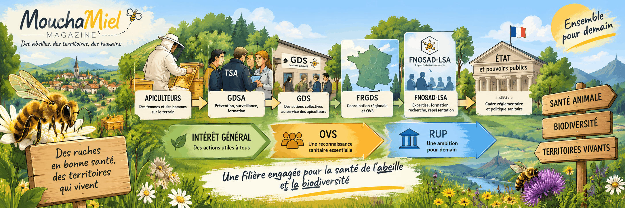 Illustration panoramique de la défense sanitaire apicole française, des apiculteurs et GDSA jusqu’aux FRGDS, à la FNOSAD-LSA et aux pouvoirs publics, avec les notions d’intérêt général, d’OVS et de RUP.