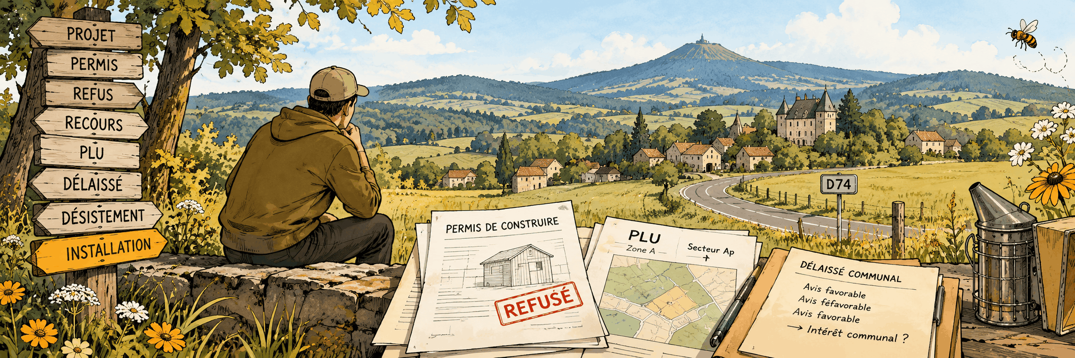 Illustration d’une installation apicole à Saint-Jeures confrontée au permis de construire, au PLU, au classement en secteur Ap et au délaissé communal, avec la D74 et le paysage du Lizieux en arrière-plan.