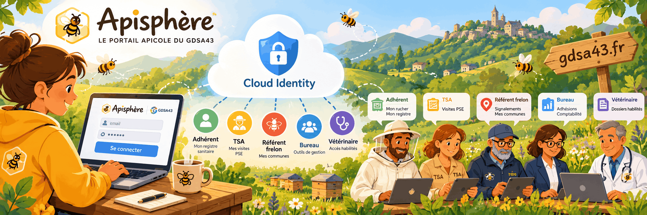 Illustration panoramique d’Apisphère montrant Cloud Identity sécurisant l’accès aux services du GDSA43 selon les profils : adhérent, TSA, référent frelon, Bureau et vétérinaire.