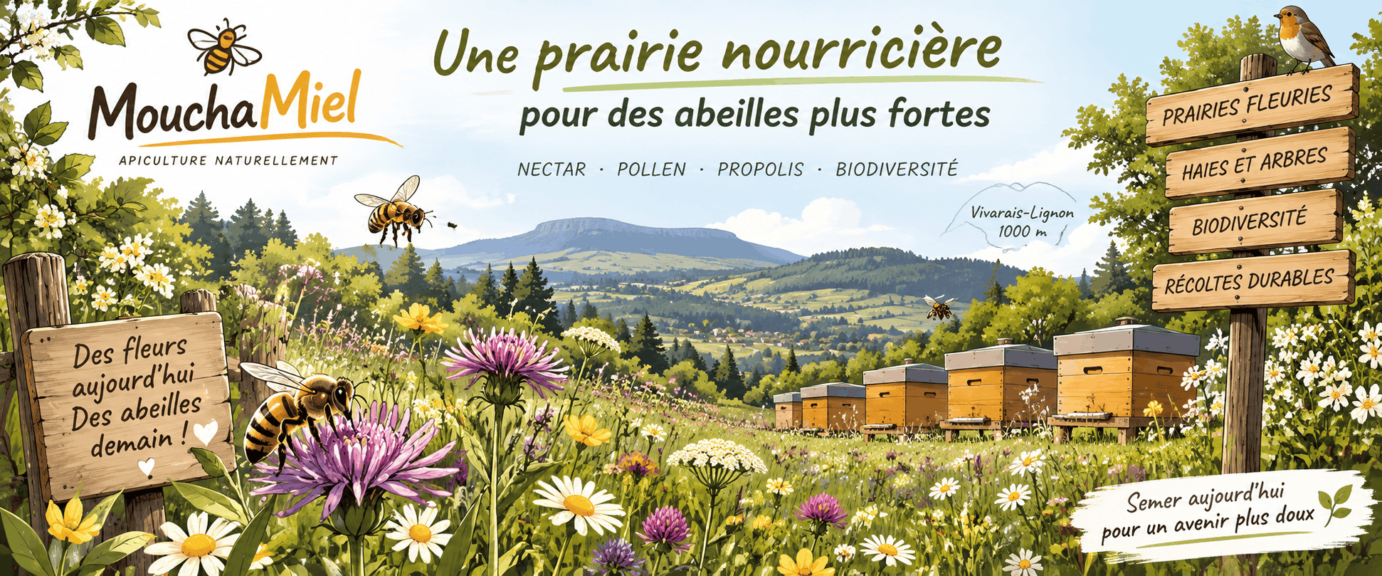 Prairie nourricière fleurie autour d’un rucher de moyenne montagne dans le Vivarais-Lignon, avec abeilles, fleurs mellifères, haies et arbres.