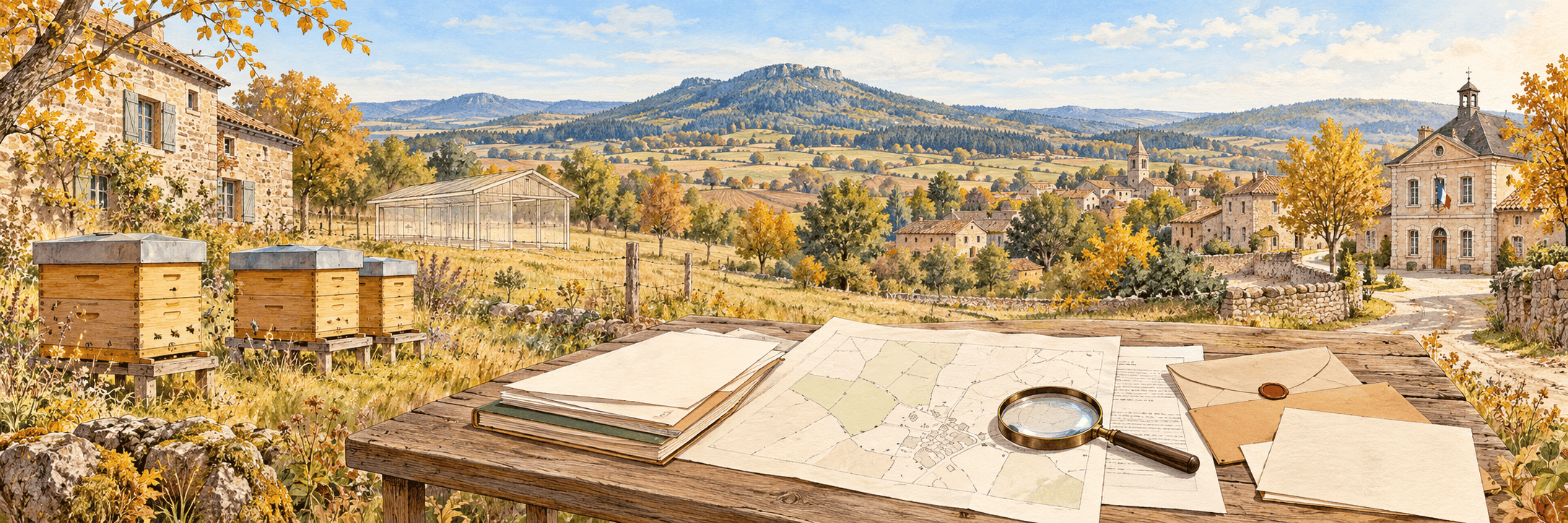 Illustration de ruches près d’une maison en pierre, avec des plans, des courriers et une loupe sur une table, face à un village et sa mairie.